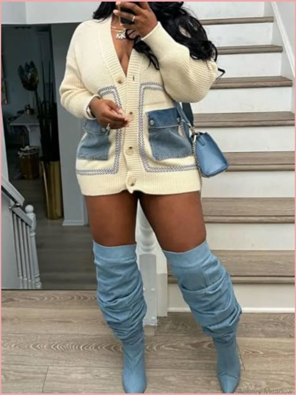 Open Front Chunky Cable Knit Cardigan with Denim Pockets